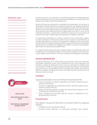 38
“Evaluación de AprendizajesTécnicos para Enseñanza MediaTécnico Profesional”- Unidad 4
se piensa en torno a lo observado. La intervención docente es fundamental para
que los estudiantes tomen conciencia sobre las habilidades que se desarrollan y los
saberes que se logran a partir de la observación
Existen dos formas de observación: la sistemática y la asistemática. En la primera, el
observador define previamente los propósitos a observar; por ejemplo, decide que
observará a un alumno para conocer las estrategias que utiliza o las respuestas que
da ante una situación determinada. Otro aspecto puede ser observar las actitudes
de los alumnos ante diferentes formas de organización en el aula o con el uso de
materiales educativos. La observación sistemática se vale de dos instrumentos de
evaluación de mayor utilidad: la guía de observación y el registro anecdótico.
La observación asistemática, en cambio, consiste en que el observador registra
la mayor cantidad de información posible de una situación de aprendizaje, sin
focalizar algún aspecto en particular; por ejemplo, se registra todo lo que sucedió
durante la clase o en alguna situación didáctica. posteriormente, para sistematizar
la información, se recuperan los hallazgos y se analizan con base en las similitudes,
diferencias y correlaciones que puedan existir.
En cualquier tipo de observación que se decida realizar, es fundamental cuidar que
el registro sea lo más objetivo posible, ya que permitirá analizar la información sin
ningún sesgo y, de esta manera, continuar o replantear la estrategia de aprendizaje.
La guía de observación es un instrumento que se basa en una lista de indicadores
que pueden redactarse ya sea como afirmaciones o bien como preguntas, que
orientan el trabajo de observación dentro del aula, señalando los aspectos que
son relevantes al observar. Esta guía puede utilizarse para observar las respuestas
de los alumnos en una actividad, durante una semana de trabajo, una secuencia
didáctica completa o en alguno de sus tres momentos, durante un bimestre o en el
transcurso del ciclo escolar.
Finalidad
La guía de observación como instrumento de evaluación permite:
•	 Centrar la atención en aspectos específicos que resulten relevantes para la
evaluación del docente.
•	 Promover la objetividad, ya que permite observar diferentes aspectos de la
dinámica al interior del aula.
•	 Observar diferentes aspectos y analizar las interacciones del grupo con los
contenidos, los materiales y el docente.
•	 Incluir indicadores que permitan detectar avances e interferencias en el
aprendizaje de los alumnos.
Procedimiento
Para elaborar una guía de observación es necesario definir los siguientes
aspectos:
•	 Propósito(s): lo que se pretende observar.
•	 Duración: tiempo destinado a la observación (actividad, clase, semana,
GUÍA DE OBSERVACIÓN
Leamos sobre:
Herramientas para la obser-
vación
http://www.oas.org/udse/ges-
tion/ges_ver.DOC
Leamos
Tomemos nota:
 