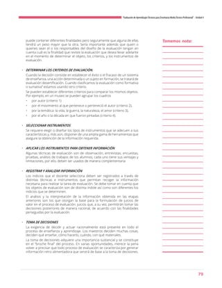 79
“Evaluación de AprendizajesTécnicos para Enseñanza MediaTécnico Profesional”- Unidad 4
puede contener diferentes finalidades pero seguramente que alguna de ellas
tendrá un peso mayor que la otra, Sería importante además que quien o
quienes sean el o los responsables del diseño de la evaluación tengan en
cuenta cuál es la finalidad que reviste la evaluación que desea llevar adelante
en el momento de determinar el objeto, los criterios, y los instrumentos de
evaluación.
•	 DETERMINAR LOS CRITERIOS DE EVALUACIÓN.
Cuando la decisión consiste en establecer el éxito o el fracaso de un sistema
de enseñanza, una acción determinada o un sujeto en formación, se tratará de
evaluación desertificación. Cuando clasificamos la evaluación como formativa
o sumativa” estamos usando otro criterio.
Se pueden establecer diferentes criterios para comparar los mismos objetos.
Por ejemplo, en un museo se pueden agrupar los cuadros
•	 por autor (criterio 1)
•	 por el movimiento al que pertenece o perteneció el autor (criterio 2),
•	 por la temática: la vida, la guerra, la naturaleza, el amor (criterio 3),
•	 por el año o la década en que fueron pintadas (criterio 4).
•	 SELECCIONAR INSTRUMENTOS
Se requiere elegir o diseñar los tipos de instrumentos que se adecuen a sus
características y, más aún, disponer de una amplia gama de herramientas que
asegure la obtención de la información requerida.
•	 APLICAR LOS INSTRUMENTOS PARA OBTENER INFORMACIÓN
Algunas técnicas de evaluación son de observación, entrevistas, encuestas,
pruebas, análisis de trabajos de los alumnos, cada uno tiene sus ventajas y
limitaciones, por ello, deben ser usados de manera complementaria
•	 REGISTRAR Y ANALIZAR INFORMACIÓN
Los indicios que el docente selecciona deben ser registrados a través de
distintas técnicas e instrumentos que permitan recoger la información
necesaria para realizar la tarea de evaluación. Se debe tomar en cuenta que
los objetos de evaluación son de distinta índole así como son diferentes los
indicios que se determinen.
El análisis y la interpretación de la información obtenida en las etapas
anteriores son los que otorgan la base para la formulación de juicios de
valor en el proceso de evaluación: juicios que, a su vez, permitirán tomar las
decisiones posteriores de manera racional, de acuerdo con las finalidades
perseguidas por la evaluación.
•	 TOMA DE DECISIONES
La exigencia de decidir y actuar racionalmente está presente en todo el
proceso de enseñanza y aprendizaje. Los maestros deciden muchas cosas,
deciden qué enseñar, cómo hacerlo, cuándo, con qué materiales.
La toma de decisiones adquiere una importancia sustancial y se constituye
en el “broche final” del proceso. En varias oportunidades, merece la pena
volver a precisar que todo proceso de evaluación se caracteriza por generar
información retro alimentadora que servirá de base a la toma de decisiones.
Tomemos nota:
 