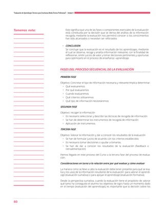 80
“Evaluación de AprendizajesTécnicos para Enseñanza MediaTécnico Profesional”- Unidad 4
Esto significa que una de las fases o componentes esenciales de la evaluación
está constituida por la decisión que se deriva del análisis de la información
recogida, mediante la evaluación nos permitirá conocer si los conocimientos
han sido alcanzados o necesitan ser reforzados
•	 CONCLUSION
Se concluye que la evaluación es el resultado de los aprendizajes, mediante
el cual se observa, recoge y analiza información relevante, con la finalidad de
reflexionar, emitir juicios de valor y tomar decisiones pertinentes y oportunas
para optimizarlo en el proceso de enseñanza –aprendizaje.
PRIMERA FASE
Objetivo: Concretar el tipo de información necesaria y relevante Implica determinar:
•	 Qué evaluaremos
•	 Por qué evaluaremos
•	 Cuando evaluaremos
•	 Qué criterios utilizaremos
•	 Qué tipo de información necesitaremos
SEGUNDA FASE
Objetivo: recoger la información
•	 Es necesario seleccionar y describir las técnicas de recogida de información
•	 Se han de determinar los instrumentos de recogida de información
•	 Aplicación de instrumentos.
TERCERA FASE
Objetivo: Valorar la información y dar a conocer los resultados de la evaluación
•	 Se han de formular juicios de acuerdo con los criterios establecidos
•	 Es necesario tomar decisiones o ayudar a tomarlas.
•	 Se han de dar a conocer los resultados de la evaluación (feedback o
retroalimentación)
Hemos llegado en este proceso del Curso a la tercera fase del proceso de evalua-
ción.
Consideraciones en torno a la relación entre por qué evaluar y cómo evaluar
La manera como se lleve a cabo la evaluación debe tener presente para qué se eva-
lúa y los usos de la información resultante de la evaluación: para valorar el aprendi-
zaje (evaluación sumativa) o para apoyar el aprendizaje (evaluación formativa).
Desde la perspectiva sumativa, cuando la evaluación tiene el propósito de valorar
qué tanto ha conseguido el alumno los objetivos de logro hasta un momento dado
en el tiempo (evaluación del aprendizaje), es importante que la decisión sobre los
FASES DEL PROCESO SECUENCIAL DE LA EVALUACIÓN
Tomemos nota:
 