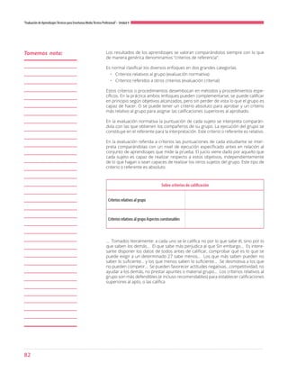 82
“Evaluación de AprendizajesTécnicos para Enseñanza MediaTécnico Profesional”- Unidad 4
Los resultados de los aprendizajes se valoran comparándolos siempre con lo que
de manera genérica denominamos “criterios de referencia”.
Es normal clasificar los diversos enfoques en dos grandes categorías.
•	 Criterios relativos al grupo (evaluación normativa)
•	 Criterios referidos a otros criterios (evaluación criterial)
Estos criterios o procedimientos desembocan en métodos y procedimientos espe-
cíficos. En la práctica ambos enfoques pueden complementarse; se puede calificar
en principio según objetivos alcanzados, pero sin perder de vista lo que el grupo es
capaz de hacer. O se puede tener un criterio absoluto para aprobar y un criterio
más relativo al grupo para asignar las calificaciones superiores al aprobado.
En la evaluación normativa la puntuación de cada sujeto se interpreta comparán-
dola con las que obtienen los compañeros de su grupo. La ejecución del grupo se
constituye en el referente para la interpretación. Este criterio o referente es relativo.
En la evaluación referida a criterios las puntuaciones de cada estudiante se inter-
preta comparándolas con un nivel de ejecución especificado antes en relación al
conjunto de aprendizajes que mide la prueba. El juicio viene dado por aquello que
cada sujeto es capaz de realizar respecto a estos objetivos, independientemente
de lo que hagan o sean capaces de realizar los otros sujetos del grupo. Este tipo de
criterio o referente es absoluto.
… Tomados literalmente: a cada uno se le califica no por lo que sabe él, sino por lo
que saben los demás… El que sabe más perjudica al que Sin embargo… Es intere-
sante disponer los datos de todos antes de calificar, comprobar qué es lo que se
puede exigir a un determinado 27 sabe menos… Los que más saben pueden no
saber lo suficiente… y los que menos saben lo suficiente… Se desmotiva a los que
no pueden competir… Se pueden favorecer actitudes negativas…competitividad, no
ayudar a los demás, no prestar apuntes o material grupo… Los criterios relativos al
grupo son más defendibles (e incluso recomendables) para establecer calificaciones
superiores al apto, o las califica
Sobre criterios de calificación
Criterios relativos al grupo
Criterios relativos al grupo Aspectos cuestionables
Tomemos nota:
 
