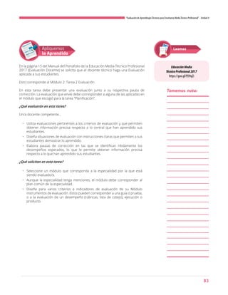 83
“Evaluación de AprendizajesTécnicos para Enseñanza MediaTécnico Profesional”- Unidad 4
Apliquemos
lo Aprendido
En la página 15 del Manual del Portafolio de la Educación Media Técnico Profesional
2017 (Evaluación Docente) se solicita que el docente técnico haga una Evaluación
aplicada a sus estudiantes.
Esto corresponde al Módulo 2: Tarea 2 Evaluación
En esta tarea debe presentar una evaluación junto a su respectiva pauta de
corrección. La evaluación que envíe debe corresponder a alguna de las aplicadas en
el módulo que escogió para la tarea “Planificación”.
¿Qué evaluarán en esta tarea?
Un/a docente competente…
•	 Utiliza evaluaciones pertinentes a los criterios de evaluación y que permiten
obtener información precisa respecto a lo central que han aprendido sus
estudiantes.
•	 Diseña situaciones de evaluación con instrucciones claras que permiten a sus
estudiantes demostrar lo aprendido.
•	 Elabora pautas de corrección en las que se identifican nítidamente los
desempeños esperados, lo que le permite obtener información precisa
respecto a lo que han aprendido sus estudiantes.
¿Qué solicitan en esta tarea?
•	 Seleccione un módulo que corresponda a la especialidad por la que está
siendo evaluado/a.
•	 Aunque la especialidad tenga menciones, el módulo debe corresponder al
plan común de la especialidad.
•	 Diseñe para varios criterios e indicadores de evaluación de su Módulo
instrumentos de evaluación. Estos pueden corresponder a una guía o prueba,
o a la evaluación de un desempeño (rúbricas, lista de cotejo), ejecución o
producto.
EducaciónMedia
TécnicoProfesional2017
https://goo.gl/PD9qZi
Leamos
Tomemos nota:
 