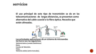SERVICIOS
El uso principal de este tipo de transmisión se da en las
telecomunicaciones de largas distancias, se presentan como
alternativa del cable coaxial o la fibra óptica. Necesita que
estén alineadas.
Las principales aplicaciones de un sistema de microondas
terrestre son las siguientes:
Telefonía básica (canales telefónicos)
Datos
Canales de Televisión.
Video.
Telefonía celular (entre troncales).
servicios
 