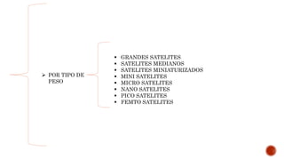  POR TIPO DE
PESO
 GRANDES SATELITES
 SATELITES MEDIANOS
 SATELITES MINIATURIZADOS
 MINI SATELITES
 MICRO SATELITES
 NANO SATELITES
 PICO SATELITES
 FEMTO SATELITES
 
