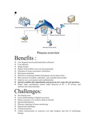 
Process overview
Benefits :
 Less frequent travels,automated data collection
 Cost effective
 Single facility
 Patient with mobility issue can also participate
 Eliminate of source document verification
 Maximum enrolment
 Decision to termenate further devlopment can be taken faster.
 Mim amount of credible, replicable , and evaluable data needed
 Improve cost ,convenience and confedentiality
 Special conditins like logitudinally,and generate new and relevent questions.
 Single study coordination centres under direction of PI” s. PI reviews and
monitors the colleccted data.
Challenges:
 Developing trust
 Great understanding of digital ecosystem
 Patient concerns over sensitive data on internet
 Sponsorship/finances
 Diseases requiring in house monitoring.
 Operational challenges
 Technical barriers
 Culture barriers(such as concerns over data integrity and fear of technology
failing)
 