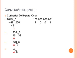 CONVERSÃO DE BASES
 Converter 2049 para Octal
 2049|_8 100 000 000 001
449 256 4 0 0 1
49
1
 256|_8
16 32
0
 32|_8
0 4
 4|_8
4 0
 