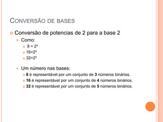CONVERSÃO DE BASES
 Conversão de potencias de 2 para a base 2
 Como:
 8 = 2³
 16=24
 32=25
 Um número nas bases:
 8 é representável por um conjunto de 3 números binários.
 16 é representável por um conjunto de 4 números binários.
 32 é representável por um conjunto de 5 números binários.
 