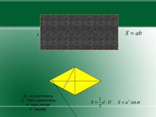 a b α h D- их диагональ d – бага диагональ α- хурц өнцөг h - өндөр  