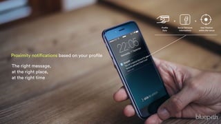 Profile
Data
Social Network 
informations
User Position 
within the venue
+ +
Proximity notifications based on your profile
The right message,
at the right place,
at the right time
 