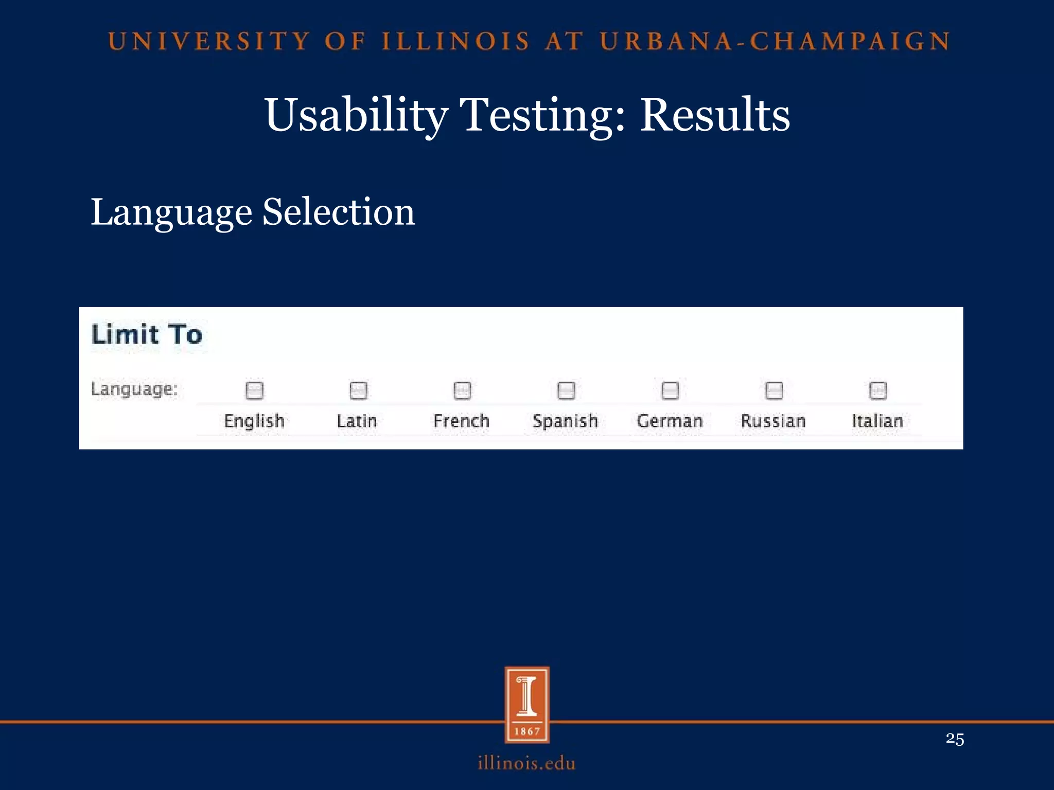 Usability Testing: Results Language Selection 
