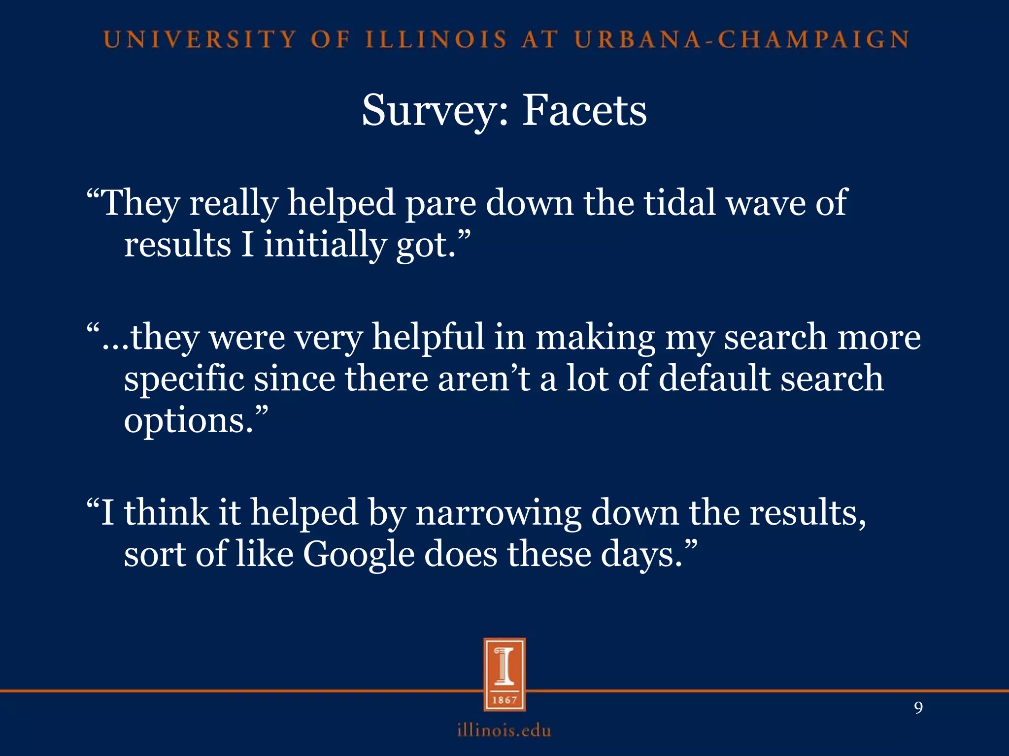 Survey: Facets “ They really helped pare down the tidal wave of results I initially got.” “… they were very helpful in making my search more specific since there aren’t a lot of default search options.” “ I think it helped by narrowing down the results, sort of like Google does these days.” 