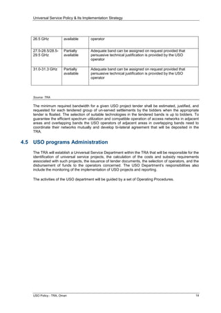 Universal Service Policy & Its Implementation Strategy
USO Policy - TRA, Oman 14
26.5 GHz available operator
27.5-28.5/28.5-
29.5 GHz
Partially
available
Adequate band can be assigned on request provided that
persuasive technical justification is provided by the USO
operator
31.0-31.3 GHz Partially
available
Adequate band can be assigned on request provided that
persuasive technical justification is provided by the USO
operator
Source: TRA
The minimum required bandwidth for a given USO project tender shall be estimated, justified, and
requested for each tendered group of un-served settlements by the bidders when the appropriate
tender is floated. The selection of suitable technologies in the tendered bands is up to bidders. To
guarantee the efficient spectrum utilization and compatible operation of access networks in adjacent
areas and overlapping bands the USO operators of adjacent areas in overlapping bands need to
coordinate their networks mutually and develop bi-lateral agreement that will be deposited in the
TRA.
4.5 USO programs Administration
The TRA will establish a Universal Service Department within the TRA that will be responsible for the
identification of universal service projects, the calculation of the costs and subsidy requirements
associated with such projects, the issuance of tender documents, the selection of operators, and the
disbursement of funds to the operators concerned. The USO Department’s responsibilities also
include the monitoring of the implementation of USO projects and reporting.
The activities of the USO department will be guided by a set of Operating Procedures.
 