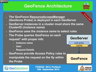 GeoFence Architecture 
 The GeoFence ResourceAccessManager 
(Geofence Probe) is deployed in each GeoServer 
 GeoServer instances in a cluster must share the same 
ClusterID (instance name) 
 GeoFence uses the instance name to select rules 
 The Probe queries GeoFence on each 
request* with proper info 
 Instance name 
 User 
 Request Details 
 GeoFence provide Access Policy rules to 
manipulate the request on the fly within 
the Probe 
FOSS4G 2014, Portland 
10th September 2014 
 