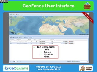 GeoFence User Interface 
 Top Categories 
 Users 
 Groups 
 Instances 
 Rules 
FOSS4G 2014, Portland 
10th September 2014 
 