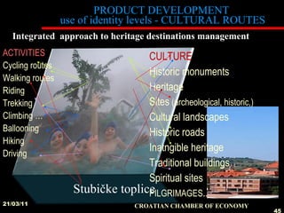 PRODUCT DEVELOPMENT  use of identity levels - CULTURAL ROUTES CULTURE Historic monuments Heritage Sites  (archeological, historic,) Cultural landscapes  Historic roads Inatngible heritage Traditional buildings Spiritual sites PILGRIMAGES . .  21/03/11 CROATIAN CHAMBER OF ECONOMY   Integrated  approach to heritage destinations management Stubičke toplice ACTIVITIES Cycling routes Walking routes Riding Trekking Climbing … Ballooning  Hiking Driving 