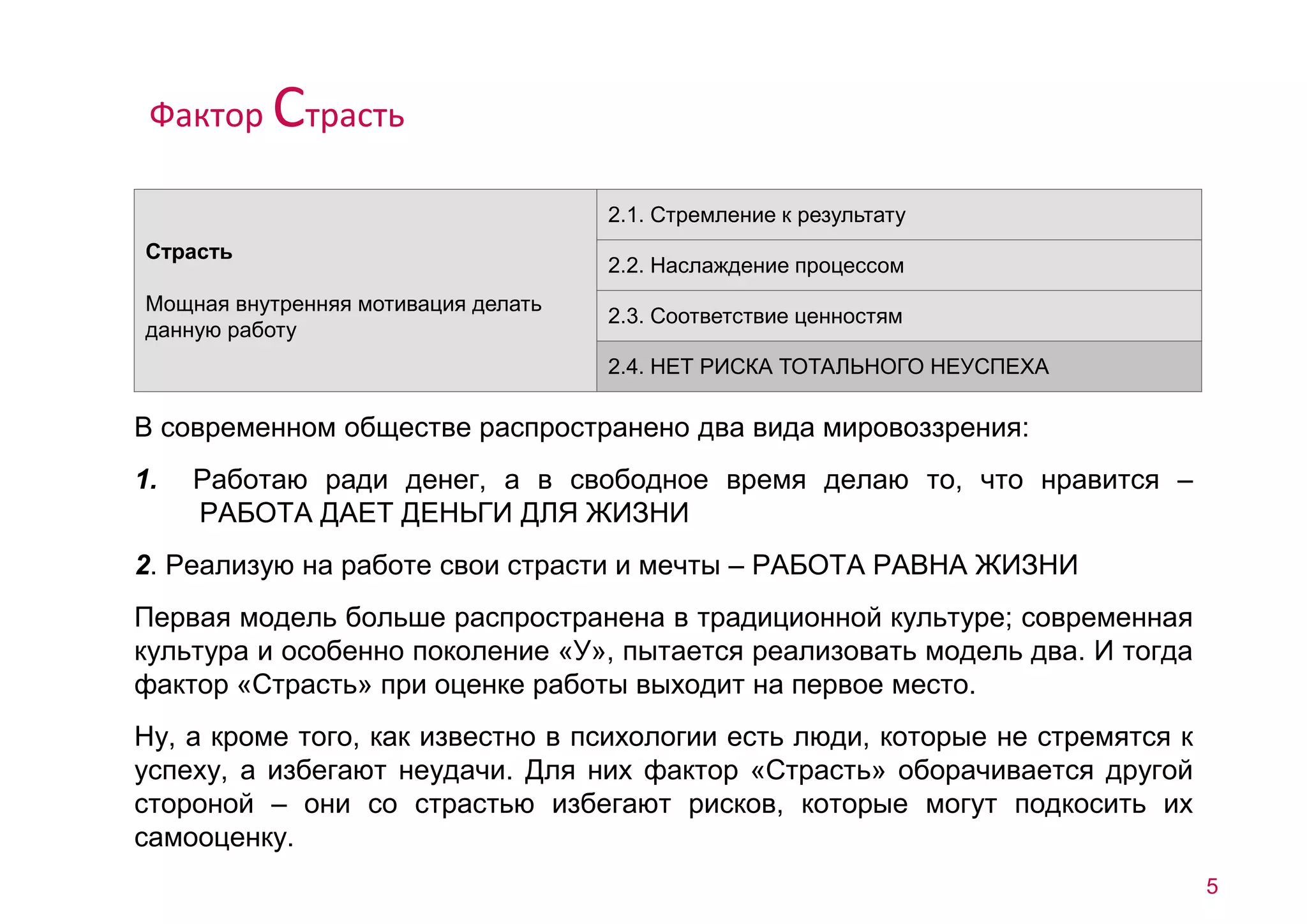 В современном обществе распространено два вида мировоззрения: 
1. Работаю ради денег, а в свободное время делаю то, что нравится – 
РАБОТА ДАЕТ ДЕНЬГИ ДЛЯ ЖИЗНИ 
2. Реализую на работе свои страсти и мечты – РАБОТА РАВНА ЖИЗНИ 
Первая модель больше распространена в традиционной культуре; современная 
культура и особенно поколение «У», пытается реализовать модель два. И тогда 
фактор «Страсть» при оценке работы выходит на первое место. 
Ну, а кроме того, как известно в психологии есть люди, которые не стремятся к 
успеху, а избегают неудачи. Для них фактор «Страсть» оборачивается другой 
стороной – они со страстью избегают рисков, которые могут подкосить их 
самооценку. 
5 
Страсть 
Мощная внутренняя мотивация делать 
данную работу 
2.1. Стремление к результату 
2.2. Наслаждение процессом 
2.3. Соответствие ценностям 
2.4. НЕТ РИСКА ТОТАЛЬНОГО НЕУСПЕХА 
Фактор Страсть 
 