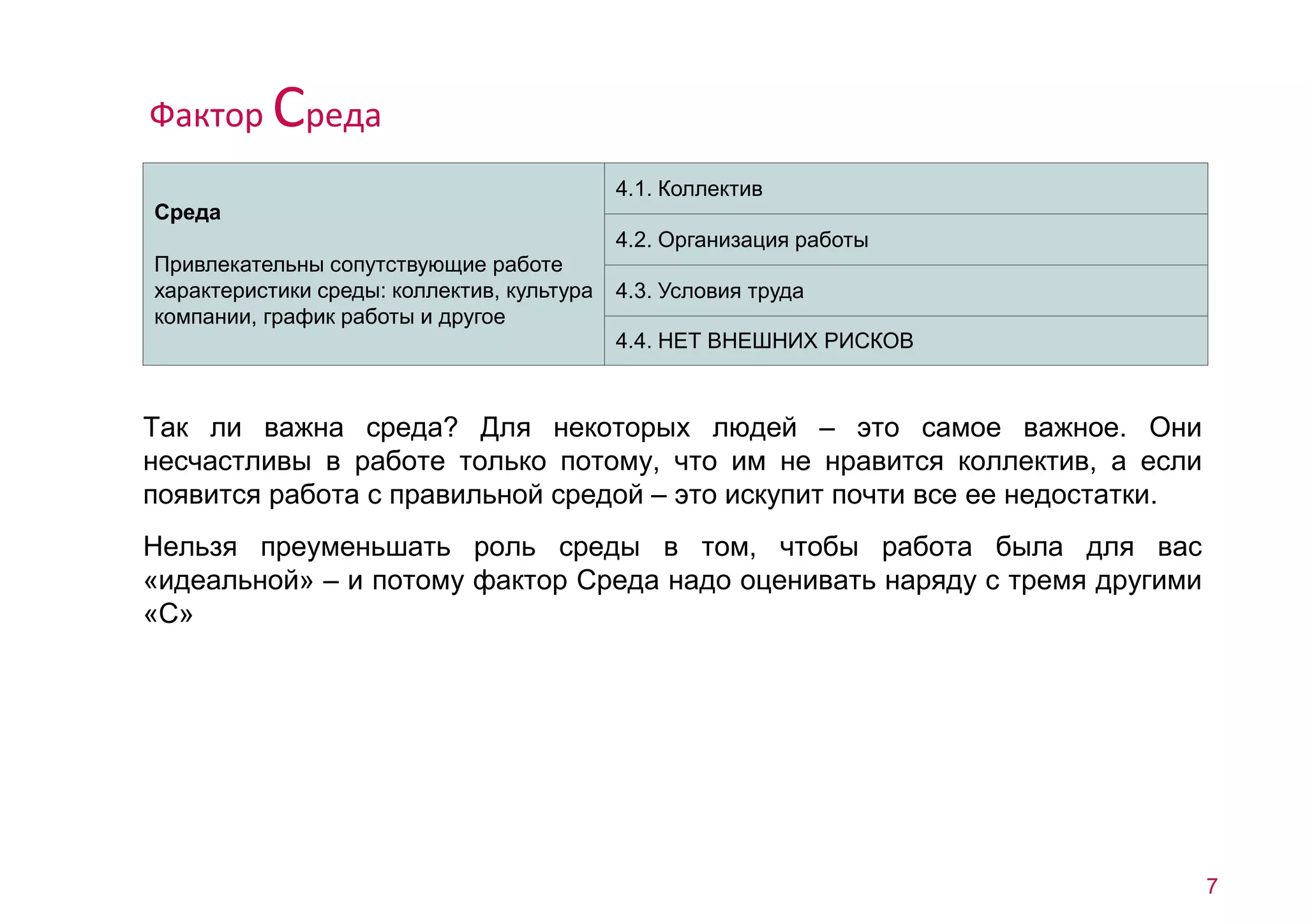 Так ли важна среда? Для некоторых людей – это самое важное. Они 
несчастливы в работе только потому, что им не нравится коллектив, а если 
появится работа с правильной средой – это искупит почти все ее недостатки. 
Нельзя преуменьшать роль среды в том, чтобы работа была для вас 
«идеальной» – и потому фактор Среда надо оценивать наряду с тремя другими 
«С» 
7 
Среда 
Привлекательны сопутствующие работе 
характеристики среды: коллектив, культура 
компании, график работы и другое 
4.1. Коллектив 
4.2. Организация работы 
4.3. Условия труда 
4.4. НЕТ ВНЕШНИХ РИСКОВ 
Фактор Среда 
 