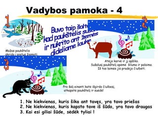 Vadybos pamoka - 4 Buvo taip šalta, kad paukštelis sušalo ir nukrito ant žemės dideliame lauke 1. Ne kiekvienas, kuris šika ant tavęs, yra tavo priešas 2. Ne kiekvienas, kuris kapsto tave iš šūdo, yra tavo draugas 3. Kai esi giliai šūde, sėdėk tyliai ! Mažas paukštelis  skrido į pietus žiemoti. 1 Atėjo karvė ir jį apšiko. Sušalusį paukštelį apėmė  šiluma ir palaima. Iš tos laimės jis pradėjo čiulbėti. 2 Pro šalį einanti katė išgirdo čiulbesį,  atkapstė paukštelį ir suėdė! 3 
