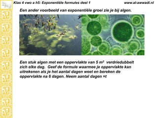 Klas 4 vwo a h5: Exponentiële formules deel 1

www.al-awwadi.nl

Een ander voorbeeld van exponentiële groei zie je bij algen.

Een stuk algen met een oppervlakte van 5 m2 verdriedubbelt
zich elke dag. Geef de formule waarmee je oppervlakte kan
uitrekenen als je het aantal dagen weet en bereken de
oppervlakte na 6 dagen. Neem aantal dagen =t

 