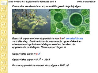 Klas 4 vwo a h5: Exponentiële formules deel 1

www.al-awwadi.nl

Een ander voorbeeld van exponentiële groei zie je bij algen.

Een stuk algen met een oppervlakte van 5 m2 verdriedubbelt
zich elke dag. Geef de formule waarmee je oppervlakte kan
uitrekenen als je het aantal dagen weet en bereken de
oppervlakte na 6 dagen. Neem aantal dagen =t
Oppervlakte algen = 5·3t
Oppervlakte algen = 5·36 = 3645
Dus de oppervlakte van het stuk algen = 3645 m2

 