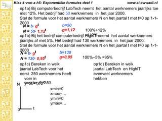 Klas 4 vwo a h5: Exponentiële formules deel 1

www.al-awwadi.nl

op1a) Bij computerbedrijf LabTech neemt het aantal werknemers jaarlijks toe met
12%. Het bedrijf had 50 werknemers in het jaar 2000.
Stel de formule voor het aantal werknemers N en het jaartal t met t=0 op 1-12000
b=50
N = b· gt
g=1,12
100%+12% =112%
N = 50· 1,12t
op1b) Bij het bedrijf computerbedrijf HighIT neemt het aantal werknemers jaarlijks
af met 5%. Het bedrijf had 130 werknemers in het jaar 2000.
Stel de formule voor het aantal werknemers N en het jaartal t met t=0 op 1-12000
b=130
N = b· gt
g=0,95
100%−5% =95%
N = 130· 0,95t
op1c) Bereken in welk
op1d) Bereken in welk
jaartal LabTech voor het
jaartal LabTech en HighIT
eerst 250 werknemers heeft
evenveel werknemers
voer in
hebben
x
y=501,12
N voer in y2=250
xmin=0
xmax=…
ymin=0
ymax=…
t
0

 