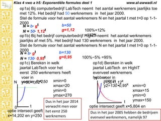 Klas 4 vwo a h5: Exponentiële formules deel 1

www.al-awwadi.nl

op1a) Bij computerbedrijf LabTech neemt het aantal werknemers jaarlijks toe met
12%. Het bedrijf had 50 werknemers in het jaar 2000.
Stel de formule voor het aantal werknemers N en het jaartal t met t=0 op 1-12000
b=50
N = b· gt
g=1,12
100%+12% =112%
N = 50· 1,12t
op1b) Bij het bedrijf computerbedrijf HighIT neemt het aantal werknemers jaarlijks
af met 5%. Het bedrijf had 130 werknemers in het jaar 2000.
Stel de formule voor het aantal werknemers N en het jaartal t met t=0 op 1-12000
b=130
N = b· gt
g=0,95
100%−5% =95%
N = 130· 0,95t
op1c) Bereken in welk
op1d) Bereken in welk
jaartal LabTech voor het
jaartal LabTech en HighIT
eerst 250 werknemers heeft
evenveel werknemers
voer in
voer
hebben in
N
voer in
N voer in y2=250 xmin=0
y=501,12x
y=501,12x x
xmax=20
y2=1300,95 xmin=0
xmax=15
ymin=0
ymin=0
ymax=270
ymax=150
Dus in het jaar 2014
t
t
verwacht men voor
optie intersect geeft x≈5,804 en
0
optie intersect geeft het eerst 250
y≈96,526 jaar 2005 hebben de bedrijven
Dus in het
x≈14,202 en y=250 werknemers
evenveel werknemers, namelijk 97

 