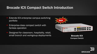  Extends ICX enterprise campus switching
portfolio
 Enterprise-class compact switch with
fanless operation
 Designed for classroom, hospitality, retail,
small branch and workgroup deployments
Brocade ICX Compact Switch Introduction
Brocade ICX
Compact Switch
 