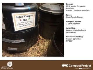 People:
2012 Master Composter
Residents
Garden Committee Members
Space:
Coop Private Garden
Compost System:
3 Earth Machines
Amenities:
Access to building/home
(restrooms)
Resources/funding:
Garden Committee
NYCCP
 