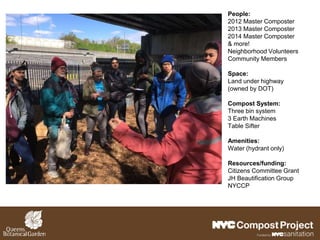People:
2012 Master Composter
2013 Master Composter
2014 Master Composter
& more!
Neighborhood Volunteers
Community Members
Space:
Land under highway
(owned by DOT)
Compost System:
Three bin system
3 Earth Machines
Table Sifter
Amenities:
Water (hydrant only)
Resources/funding:
Citizens Committee Grant
JH Beautification Group
NYCCP
 