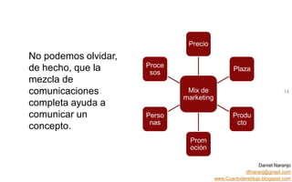 Daniel Naranjo
dfnaranj@gmail.com
www.Cuartodereblujo.blogspot.com
AMARAUTOS ESTRATEGIA Abril 2013)
No podemos olvidar,
de hecho, que la
mezcla de
comunicaciones
completa ayuda a
comunicar un
concepto.
14Mix de
marketing
Precio
Plaza
Produ
cto
Prom
oción
Perso
nas
Proce
sos
 