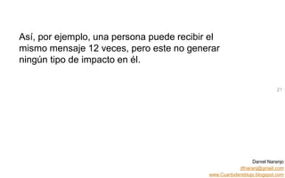 Daniel Naranjo
dfnaranj@gmail.com
www.Cuartodereblujo.blogspot.com
AMARAUTOS ESTRATEGIA Abril 2013)
Así, por ejemplo, una persona puede recibir el
mismo mensaje 12 veces, pero este no generar
ningún tipo de impacto en él.
21
 