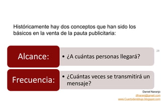 Daniel Naranjo
dfnaranj@gmail.com
www.Cuartodereblujo.blogspot.com
AMARAUTOS ESTRATEGIA Abril 2013)
Históricamente hay dos conceptos que han sido los
básicos en la venta de la pauta publicitaria:
28
• ¿A cuántas personas llegará?Alcance:
• ¿Cuántas veces se transmitirá un
mensaje?Frecuencia:
 