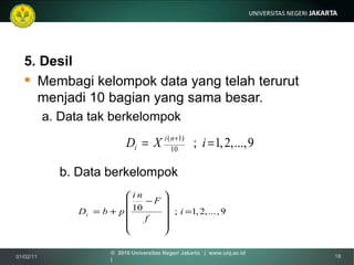 5.  Desil Membagi kelompok data yang telah terurut menjadi 10 bagian yang sama besar. a.  Data t ak berkelompok   b.  Data  berkelompok   01/02/11 ©  2010 Universitas Negeri Jakarta  |  www.unj.ac.id  | 