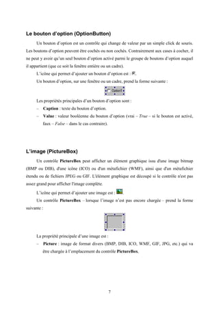 Le bouton d’option (OptionButton) 
Un bouton d’option est un contrôle qui change de valeur par un simple click de souris. 
Les boutons d’option peuvent être cochés ou non cochés. Contrairement aux cases à cocher, il 
ne peut y avoir qu’un seul bouton d’option activé parmi le groupe de boutons d’option auquel 
il appartient (que ce soit la fenêtre entière ou un cadre). 
L’icône qui permet d’ajouter un bouton d’option est : . 
Un bouton d’option, sur une fenêtre ou un cadre, prend la forme suivante : 
Les propriétés principales d’un bouton d’option sont : 
– Caption : texte du bouton d’option. 
– Value : valeur booléenne du bouton d’option (vrai – True – si le bouton est activé, 
7 
faux – False – dans le cas contraire). 
L’image (PictureBox) 
Un contrôle PictureBox peut afficher un élément graphique issu d'une image bitmap 
(BMP ou DIB), d'une icône (ICO) ou d'un métafichier (WMF), ainsi que d'un métafichier 
étendu ou de fichiers JPEG ou GIF. L'élément graphique est découpé si le contrôle n'est pas 
assez grand pour afficher l'image complète. 
L’icône qui permet d’ajouter une image est : . 
Un contrôle PictureBox – lorsque l’image n’est pas encore chargée – prend la forme 
suivante : 
La propriété principale d’une image est : 
– Picture : image de format divers (BMP, DIB, ICO, WMF, GIF, JPG, etc.) qui va 
être chargée à l’emplacement du contrôle PictureBox. 
 