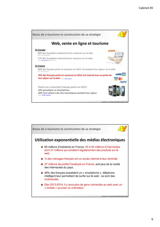 Cabinet 4V
6
Bases de e‐tourisme et construction de sa stratégie
© Cabinet 4V – Tous droits de reproduction réservés ‐ 2013
Web, vente en ligne et tourisme
Parmi ces e‐touristes français partis en 2012 :
64% possèdent un Smartphone
50% l’ont utilisé à des fins touristiques pendant leur séjour. 
(source : Raffour Interactive )
80% des Européens préparent leurs vacances sur le web. 
(source : Etude Ardesi/BVA)
57% des Européens réservent leurs vacances sur le web. 
(source : Etude Ipsos/Europ Assistance – 2012)
En Europe
80% des français partis en vacances en 2012 ont préparé leur séjour sur le web. 
(source : Raffour Interactive )
45% des français partis en vacances en 2012 ont réservé tout ou partie de 
leur séjour sur le web. (source : Raffour Interactive )
En France
Bases de e‐tourisme et construction de sa stratégie
© Cabinet 4V – Tous droits de reproduction réservés ‐ 2013
Utilisation exponentielle des médias électroniques
65 millions d’habitants en France, 43 à 45 millions d’internautes
dont 31 millions qui achètent régulièrement des produits sur le
web.
¾ des ménages français ont un accès internet à leur domicile
27 millions de profils Facebook en France, soit plus de la moitié
des internautes du pays.
48% des français possèdent un « smartphone », téléphone
intelligent leur permettant de surfer sur le web : ce sont des
mobinautes
Dès 2013-2014, il y aura plus de gens connectés au web avec un
« mobile » qu’avec un ordinateur.
 