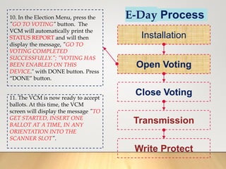E-Day Process
Installation
Open Voting
Close Voting
Transmission
Write Protect
10. In the Election Menu, press the
"GO TO VOTING" button. The
VCM will automatically print the
STATUS REPORT and will then
display the message, "GO TO
VOTING COMPLETED
SUCCESSFULLY."; "VOTING HAS
BEEN ENABLED ON THIS
DEVICE." with DONE button. Press
“DONE” button.
11. The VCM is now ready to accept
ballots. At this time, the VCM
screen will display the message "TO
GET STARTED, INSERT ONE
BALLOT AT A TIME, IN ANY
ORIENTATION INTO THE
SCANNER SLOT".
 