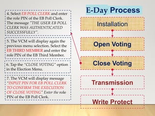 E-Day Process
Installation
Open Voting
Close Voting
Transmission
Write Protect
4. Select EB POLL CLERK and enter
the role PIN of the EB Poll Clerk.
The message "THE USER EB POLL
CLERK WAS AUTHENTICATED
SUCCESSFULLY".
5. The VCM will display again the
previous menu selection. Select the
EB THIRD MEMBER and enter the
role PIN of the EB Third Member.
6. Tap the “CLOSE VOTING” option
in the Election Menu.
7. The VCM will display message
“INPUT PIN FOR EB POLL CLERK
TO CONFIRM THE EXECUTION
OF CLOSE VOTING" Enter the role
PIN of the EB Poll Clerk.
 
