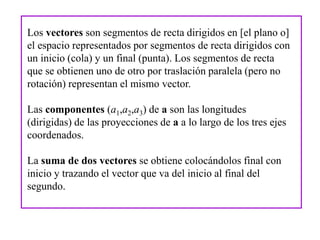Los vectores son segmentos de recta dirigidos en [el plano o]
el espacio representados por segmentos de recta dirigidos con
un inicio (cola) y un final (punta). Los segmentos de recta
que se obtienen uno de otro por traslación paralela (pero no
rotación) representan el mismo vector.
Las componentes (a1,a2,a3) de a son las longitudes
(dirigidas) de las proyecciones de a a lo largo de los tres ejes
coordenados.
La suma de dos vectores se obtiene colocándolos final con
inicio y trazando el vector que va del inicio al final del
segundo.
 