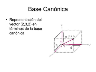 Base Canónica
• Representación del
vector (2,3,2) en
términos de la base
canónica
 