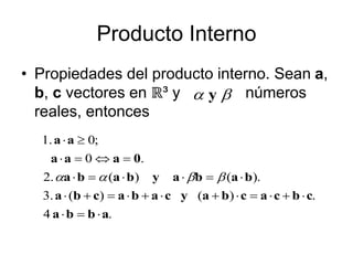 Producto Interno
• Propiedades del producto interno. Sean a,
b, c vectores en ℝ³ y números
reales, entonces
.
4
.
)
(
)
(
.
3
).
(
)
(
.
2
.
0
;
0
.
1
a
b
b
a
c
b
c
a
c
b
a
y
c
a
b
a
c
b
a
b
a
b
a
y
b
a
b
a
0
a
a
a
a
a
































 y
 