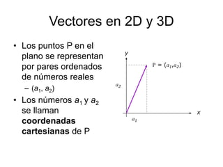 Vectores en 2D y 3D
• Los puntos P en el
plano se representan
por pares ordenados
de números reales
– (a1, a2)
• Los números a1 y a2
se llaman
coordenadas
cartesianas de P
x
y
a1
a2
P = (a1,a2)
 