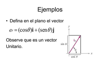 Ejemplos
• Defina en el plano el vector
Observe que es un vector
Unitario.
j
i )
(sen
)
(cos 
 

r
e
 