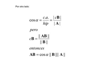 Por otro lado:
||
||||
||
cos
||
||
||
||
|
|
|
|
.
.
cos
A
B
AB
B
AB
B
A
B






entonces
c
pero
c
hip
a
c
 