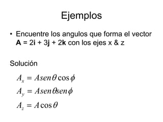 Ejemplos
• Encuentre los angulos que forma el vector
A = 2i + 3j + 2k con los ejes x & z
Solución





cos
cos
A
A
sen
Asen
A
Asen
A
z
y
x



 