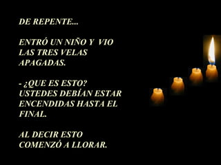 DE REPENTE...

ENTRÓ UN NIÑO Y VIO
LAS TRES VELAS
APAGADAS.

- ¿QUE ES ESTO?
USTEDES DEBÍAN ESTAR
ENCENDIDAS HASTA EL
FINAL.

AL DECIR ESTO
COMENZÓ A LLORAR.
 