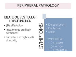 BILATERAL VESTIBULAR
HYPOFUNCTION
• (B) affectation
• Impairments are likely
permanent
• Can return to high levels
of activity
SYMPTOMS
• Dysequilibrium*
• Oscillopsia
• Ataxia
SYMMETRICAL
• (-) nausea
• (-) Vertigo
• (-) nystagmus
PERIPHERAL PATHOLOGY
 