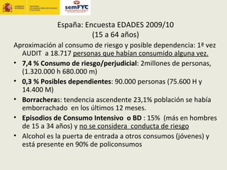España: Encuesta EDADES 2009/10
                       (15 a 64 años)
Aproximación al consumo de riesgo y posible dependencia: 1ª vez
  AUDIT a 18.717 personas que habían consumido alguna vez.
• 7,4 % Consumo de riesgo/perjudicial: 2millones de personas,
  (1.320.000 h 680.000 m)
• 0,3 % Posibles dependientes: 90.000 personas (75.600 H y
  14.400 M)
• Borracheras: tendencia ascendente 23,1% población se había
  emborrachado en los últimos 12 meses.
• Episodios de Consumo Intensivo o BD : 15% (más en hombres
  de 15 a 34 años) y no se considera conducta de riesgo
• Alcohol es la puerta de entrada a otros consumos (jóvenes) y
  está presente en 90% de policonsumos
 