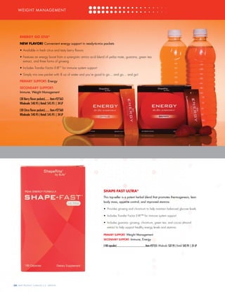 WEIGHT MANAGEMENT
ENERGY GO STIX®
NEW FLAVOR! Convenient energy support in ready-to-mix packets
•	Available in fresh citrus and tasty berry flavors
•	Features an energy boost from a synergistic amino acid blend of yerba mate, guarana, green tea
extract, and three forms of ginseng
•	Includes Transfer Factor E-XF™
for immune system support
•	Simply mix one packet with 8 oz of water and you’re good to go… and go… and go!
PRIMARY SUPPORT: Energy
SECONDARY SUPPORT:
Immune, Weight Management
(30 Berry flavor packets)....... Item #27563
Wholesale: $40.95 | Retail: $45.95 | 34LP
(30 Citrus flavor packets)....... Item #27560
Wholesale: $40.95 | Retail: $45.95 | 34LP
[22] 4LIFE PRODUCT CATALOG U.S. VERSION
SHAPE-FAST ULTRA®
This top-seller is a potent herbal blend that promotes thermogenesis, lean
body mass, appetite control, and improved stamina
•	 Provides ginseng and chromium to help maintain balanced glucose levels
•	 Includes Transfer Factor E-XF™ for immune system support
•	 Includes guarana, ginseng, chromium, green tea, and cocoa almond
extract to help support healthy energy levels and stamina
PRIMARY SUPPORT: Weight Management
SECONDARY SUPPORT: Immune, Energy
(100 capsules)..................................................Item #27555 Wholesale: $37.95 | Retail: $42.95 | 31LP
 