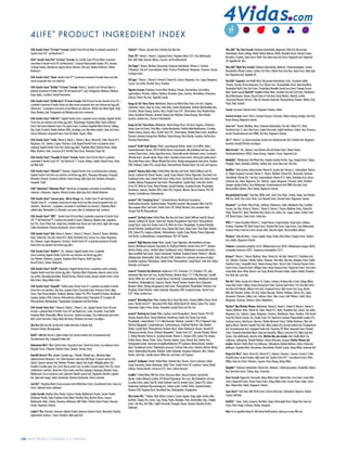 4Life Transfer Factor®
Tri-Factor®
Formula: Transfer Factor Tri-Factor Blend (a patented concentrate of
Transfer Factor E-XF™
and NanoFactor®
).
4Life®
Transfer Factor Plus®
Tri-Factor®
Formula: Zinc, Transfer Factor Tri-Factor Blend (a patented
concentrate of Transfer Factor E-XF and NanoFactor), Cordyvant Polysaccharide Complex (IP-6, sitosterol,
Cordyceps sinensis, Beta-Glucans, Agaricus blazeii, Mannans, Olive Leaf, Maitake Mushroom, Shiitake
Mushroom).
4Life Transfer Factor®
Classic: Transfer Factor XF®
(a patented concentrate of transfer factors and other
natural components from cow colostrum).
4Life Transfer Factor®
RioVida®
Tri-Factor®
Formula: Vitamin C, Transfer Factor Tri-Factor Blend (a
patented concentrate of Transfer Factor E-XF and NanoFactor®
), Açaí, Pomegranate, Blueberry, Elderberry,
Grape, Apple), Lactoferrin, Natural Preservatives.
4Life Transfer Factor®
RioVida Burst®
Tri-Factor Formula: 4Life Tri-Factor Formula (Transfer Factor E-XF –
a patented concentrate of transfer factors and other natural components from cow colostrum and egg yolk)
(NanoFactor – A proprietary concentrate of nano-filtered cow colostrum), RioVida Juice Blend (Apple, Purple
Grape, Blueberry, Açai, Pomegranate and Elderberry juices from concentrate.
4Life Transfer Factor®
Belle Vie®
: Targeted Transfer Factor (a patented extract containing Targeted Transfer
Factor from cow colostrum and chicken egg yolks), Phytoestrogen Proprietary Blend, Kudzu Isoflavone
Extract, Red Clover Isoflavone Extract, Flax Lignan Extract, Cruciferous Vegetable Blend (Broccoli, Cabbage,
Kale, Indole 3-Carbinol, Diindoly Methane (DIM), Ascorbigen, and other dietary indoles), Green Tea Extract,
Calcium D-Glucarate, Grapeseed Extract, Clove Oil, Gelatin, Glycerin, Water.
4Life Transfer Factor®
Cardio: Vitamin A, Vitamin C, Vitamin E, Niacin, Vitamin B6, Folate, Vitamin B12,
Magnesium, Zinc, Selenium, Copper, Potassium, Cardio Targeted Transfer Factor (a proprietary extract
containing Targeted Transfer Factor from chicken egg yolks), Proprietary Blend (Butchers Broom, Ginkgo
Biloba, Hawthorn, Garlic, Coenzyme Q10, Red Rice Yeast Extract, Resveratrol, Ginger Oil).
4Life Transfer Factor®
Chewable Tri-Factor®
Formula: Transfer Factor Tri-Factor Blend (a patented
concentrate of Transfer Factor E-XF™
and NanoFactor™
), Fructose, Maltose, Sorbitol, Natural Flavors, Stearic
and Malic Acids.
4Life Transfer Factor®
GluCoach®
: Chromium, Targeted Transfer Factor (a patented extract containing
Targeted Transfer Factor from cow colostrum and chicken egg yolks), Pterocarpus Marsupium, Fenugreek,
Momordica Charantia, Gymnema Sylvestre, Korean Ginseng, Alpha Lipoic Acid, Vanadium, Marsupium,
Fenugreek (Seed).
4Life®
NanoFactor®
Glutamine Prime®
: NanoFactor (A proprietary concentrate of nano-filtered cow
colostrum), L-Glutamine, L-Arginine, N-Acety-L-Cysteine, Alpha Lipoic Acid, L-Alanly-L-Glutamine
4Life Transfer Factor®
Immune Spray - Mint & Orange: Zinc, Transfer Factor XF with NanoFactor
(Transfer Factor XF – a patented concentrate of transfer factors and other natural components from cow
colostrum), (NanoFactor - a proprietary concentrate of nano-filtered cow colostrum), Proprietary Blend –
colloidal silver, Marshmallow (A. officinalis), root extract, Aloe (A. barbadensis) leaf, Lactoferrin
4Life Transfer Factor®
KBU®
- Transfer Factor Tri-Factor Blend (a patented concentrate of Transfer Factor
E-XF ™ and NanoFactor™), Cranberry fruit powder & extract, D-Mannose, Blueberry fruit, Lingonberry
fruit, IP-6, Chanca Piedra herb, Juniper berry, Dandelion leaf, Varuna stem bark extract, Apple cider vinegar,
Sodium biocarbonate, Potassium bicarbonate, Calcium carbonate
4Life Transfer Factor®
Kids: Vitamin A, Vitamin C, Vitamin D, Vitamin E, Vitamin K, Thiamin, Riboflavin,
Niacin, Vitamin B6, Folic Acid, Vitamin B12, Biotin, Pantothenic Acid, Calcium, Iron, Iodine, Magnesium,
Zinc, Selenium, Copper, Manganese, Chromium, Transfer Factor E-XF (a patented concentrate of transfer
factors from cow colostrum and chicken egg yolks).
4Life Transfer Factor®
MalePro®
: Zinc, Selenium, Targeted Transfer Factor (a patented
extract containing Targeted Transfer Factor from cow colostrum and chicken egg yolks),
Saw Palmetto, Isoflavones, Lycopene, Proprietary Blend (Pygeum, Nettle Soya Bean,
Broccoli Extracts, Calcium d-Glucarate).
4Life Transfer Factor®
ReCall®
: Magnesium, Targeted Transfer Factor (a proprietary extract containing
Targeted Transfer Factor from chicken egg yolks), Proprietary Blend (Vinpocetine, Huperzia serrata Extract,
Soy Lecithin, Glycerophosphocholine, N-Acetyl Tyrosine, N-Acetyl Cysteine, Bacopa monnieri Extract, Lemon
Balm Extract, Ginkgo Biloba Extract.
4Life Transfer Factor®
RenewAll™
: Purified water, Transfer Factor XF (a patented concentrate of transfer
factors from cow colostrum), Aloe Vera, Lavender Extract, Chamomile Extract, Rosemary Extract, Algae
Extract, Yeast Polysaccaharides, Panthenol, Allantoin, Sodium PCA, PPG-2 Isoceteth-20 Acetate, Dimethicone
Copolyol, Disodium EDTA, Carbomer, Triethanolamine, Butylene Glycol, Polysorbate 20, Eucalyptus Oil,
Phenoxyethanol, Methylparaben, Propylparaben, Butylparaben and Ethyl Paraben.
4Life Transfer Factor Vista™
: Vitamin A, Vitamin C, Vitamin E, Zinc, Targeted Transfer Factor (Tri-Factor
Formula, a patented blend of Transfer Factor E-XF and NanoFactor), Lutein, Zeaxanthin, Ocular Health
Proprietary Blend (Astaxanthin, Bilberry fruit extract, Spirulina microalgae, Citrus bioflavonoids peel extract,
Black currant fruit extract, Ginkgo biloba leaf extract, Blackberry fruit extract, Ascorbigen.)
Aloe Vera: Aloe Vera Gel, Ascorbic Acid, Sodium Benzoate, Erythorbic Acid,
Potassium Sorbate, Monoglycerides.
BioEFA™
with CLA: Vitamin E, Alpha Linolenic Acid, Gamma Linolenic Acid, Eicosapentanoic Acid,
Docosahexaenoic Acid, Conjugated Linoleic Acid.
BioGenistein Ultra®
: Black Cohosh Extract, Dong Quai Extract, Chaste Tree Extract, Soy Isoflavone Extract,
Magnolia Extract, L-Theanine, Eleuthero Extract, Quercitin, Turmeric Extract.
Bountiful Harvest®
Plus: Spirulina (Spirulina spp.), Chlorella (Chlorella spp.), Blue-Green Algae
(Aphanizomenon flos-aquae), Chia (Salvia hispanica) seed meal, Bell Pepper (Capsicum annum) fruit,
Spinach (Spinacia oleracea) leaf, Butterbur (Petasites vulgaris) leaf, Acerola (Malpighia glabra) fruit,
Pumpkin (Curcubita pepo) fruit, Carrot (Daucus carota) root, Cucumber (Cucumis sativus) fruit, Flax (Linum
usitatissimum) seed bran, Brown Rice (Oryza sativa) seed flour, Asparagus (Asparagus officinalis) shoots,
Bladderwrack (Fucus vesiculosus) herb, Spearmint (Mentha spicata) leaf, Peppermint (Mentha x piperita)
leaf, Apple cider vinegar, Sodium bicarbonate, Potassium bicarbonate, Calcium carbonate.
Carb BLX™
: Proprietary Blend (Cassia nomame Extract,White Bean Extract, Cocoa-Almond Extract, Green Tea
Extract, Jaborandi Extract, Arabinose).
Cardio Formula: Hawthorn Berry Powder, Capsicum Powder, Bladderwrack Powder, Turmeric Powder,
Motherwort Powder, Cardio Proprietary Extract Blend (Hawthorn Berry, Butchers Broom, Cayenne,
Bladderwrack (Kelp), Turmeric, Rosemary, Motherwort, Milk Thistle), Butchers Broom Powder, Rosemary
Powder, Magnesium Stearate.
Catalyst®
Plus: Chromium, Gymnema Sylvestre Powder, Gymnema Sylvestre Extract, Momordica Charantia,
Lagerstroemia Speciosa L. Extract, Vanadium, Alpha Lipoic Acid.
ChitoLite®
: Chitosan, I-Ascorbic Acid, Erythorbic Acid, Aloe Vera.
Choice 50®
: Vitamin C, Vitamin E, Grapeseed Extract, Proprietary Blend (Fo-Ti, Citrus Bioflavonoids,
Rutin, Milk Thistle, Quercitin, Bilberry, Curcumin, and Trans-Resveratrol).
Citri-Shape®
: Thiamin, Riboflavin, Niacinamide, Pyridoxine Hydrochloride (Vitamin E), Pyridoxal
5-Phosphate, Folic Acid, Cyanocobalamin, Biotin, D-Calcium Pantothenate, Manganese, Chromium, Garcinia
Cambogia Extract.
CM Super™
: Vitamin C, Vitamin D, Vitamin K, Vitamin B6, Calcium, Magnesium, Zinc, Copper, Manganese,
L-Lysine, Soy Lecithin, Horsetail, Boron, Strontium.
Digestive Enzymes: Proprietary Enzyme Blend (Amylase, Portease, Glucosamylase, Acid maltase,
a-galactosidase, Pectinase, Cellulase, Peptidase, Bromelain, Lipase, Invertase, Hemicellulase, B-Glucanase,
Xylanase, Papain) Rice bran, Vegetable Capsule.
Energy Go Stix®
Berry Flavor: Maltodextrin, Natural and Artificial Berry Flavor, Citric Acid, L-Arginine,
L-Glutamine, Taurine, Green Tea Extract, Yerba Mate, Creatine Monohydrate, Ornithine Alpha-KetoGlucarate,
L-Carnitine, Siberian Ginseng, Guarana, Maca, Transfer Factor E-XF , Beta-Carotene, Beet, Rhodiola Rosea
Extract, Acesulfame Potassium, American Ginseng Root, Riboflavin, Korean Ginseng, Silicon Dioxide,
Sucralose, Xanthan Gum, Chromium Polynicotinate.
Energy Go Stix®
Citrus Flavor: Maltodextrin, Natural Orange Flavor, Citric Acid, L-Arginine, L-Glutamine,
Taurine, Green Tea Extract, Yerba Mate, Creatine Monohydrate, Ornithine Alpha-KetoGlucarate, L-Carnitine,
Siberian Ginseng, Guarana, Maca, Transfer Factor E-XF , Beta-Carotene, Rhodiola Rosea Extract, Acesulfame
Potassium, American Ginseng Root, Riboflavin, Korean Ginseng, Silicon Dioxide, Sucralose, Xanthan Gum,
Chromium Polynicotinate.
enummi®
Gentle Facial Cleanser: Water, Lauramidopropyl Betaine, Sodium Coco-Sulfate, Sodium
Lauroamphoacetate, Glycerin, PEG-20 Methyl Glucose Sesquistearate, Aloe barbadensis Leaf juice, Arnica
montana Flower extract, Arctium lappa Root extract, Chamomilla recutita (Matricaria) extract, Symphytum
officinale extract, Humulus lupulus (Hops) extract, Equisetum arvense extract, Macrocystis pyrifera extract,
Tilia cordata Flower extract, Althaea officinalis Root extract, Moringa pterygosperma Seed extract, Disodium
EDTA, Panthenol, Sodium PCA, Caprylyl Glycol, Phenoxyethanol, Hexylene Glycol, Citric Acid, and Fragrance.
enummi®
Intensive Body Lotion: Purified Water, Aloe Vera Leaf Extract, Hybrid Safflower Seed Oil,
Glycerin, Sunflower Oil, Glyceryl Stearate, Caprylic/Capric/Myristic/Stearic/Triglyceride, Shea Butter Fruit,
Sandalwood Extract, Amur Corktree Bark Extract, Barley Extract, Cetyl Alcohol, Stearic Acid, Sodium Stearoyl
Lactylate, Moringa Pterygosperma Seed Extract, Phenoxyethanol, Caprylyl Glycol, Sorbic Acid, Transfer
Factor E-XF, White Tea Extract, Retinyl Palmitate, Ascorbyl Palmitate, Tocopheryl Acetate, Phospholipids,
Dimethicone, Carbomer, Disodium EDTA, Sodium PCA, Fragrance, Allantoin, Glyceryl Stearate, PEG-100
Stearate, Cyclomethicone, Triethanolamine.
enummi®
Life C Energizing Serum™
: Cyclopentasiloxane; Dimethicone Crosspolymer ;
Tetrahexyldecyl Ascorbate; Tocopheryl Acetate; Phenylethyl resorcinol; Olea europaea (Olive) Fruit Oil;
Olea europaea (Olive) Leaf Extract; Transfer Factor E-XF; Retinyl Palmitate; Citrus aurantium dulcis
(Orange) Peel Oil; Phenoxyethanol.
enummi®
Lite Body Lotion: Purified Water, Aloe Vera Leaf Extract, Hybrid Safflower Seed Oil, Glyceryl
Stearate, Sunflower Oil, Glycerin, Stearic Acid, Moringa Pterygosperma Seed Extract, Phenoxyethanol,
Caprylyl Glycol, Sorbic Acid, Transfer Factor E-XF, White Tea Extract, Phospholipids, Tocopheryl Palmitate,
Ascorbyl Palmitate, Sandalwood Extract, Amur Corktree Bark Extract, Barley Extract, Shea Butter, Disodium
EDTA, Sodium PCA, Fragrance, Allantoin, Triethanolamine, Caprylic/Capric/Myristic/Stearic/Triglyceride,
Cetyl Alcohol, Cyclohexasiloxane, Cyclopentasiloxane, PEG-100 Stearate.
enummi®
Night Recovery Cream: Water, Caprylic/Capric Triglyceride, Aloe barbadensis Leaf juice,
Glycerin, Diethylhexyl Carbonate, Polysorbate 20, Ethylhexyl Palmitate, Transfer Factor E-XF™, Hordeum
distichon (Barley) extract, Santalum album (Sandalwood) extract, Phellodendron amurense Bark extract,
Vigna aconitifolia Seed extract, Sodium Hyaluronate, Panthenol, Tocopheryl Acetate (Vitamin E), Allantoin,
Xylitylglucoside, Anhydroxylitol, Xylitol, Disodium EDTA, Xanthan Gum, Carbomer, Ammonium Acrylate/
Acrylamide Copolymer, Polyisobutene, Sodium Citrate, Phenoxyethanol, Caprylyl Glycol, Sorbic Acid, Sodium
Hydroxide, and Fragrance.
enummi®
Protective Day Moisturizer: Avobenzone 3.0%, Octinoxate 7.5%, Octisalate 2.0%, Aloe
barbadensis (Aloe Vera) Leaf Juice, Ascorbyl Palmitate, Butylene Glycol, C12-15 Alkyl Benzoate, Camellia
sinensis (White Tea) Leaf Extract, Caprylyl Glycol, Cetyl Alcohol, Cyclopentasiloxane, Diethylhexyl Carbonate,
Dimethicone, Ethylhexylglycerin, Fragrance, Glycerin, Glyceryl Stearate, Hexylene Glycol, Magnesium
Aluminum Silicate, Moringa pterygosperma Seed Extract, Phenoxyethanol, Phospholipids, Potassium Cetyl
Phosphate, Retinyl Palmitate, Sodium Hydroxide, Tetrasodium EDTA, Tocopheryl Acetate, Transfer Factor
E-XF®
, Water, Xanthan Gum.
enummi®
Refreshing Toner: Water, Butylene Glycol, Royal Jelly extract, Paeonia albiflora (Peony) Flower
extract, Transfer Factor XF™
, Tetrasodium EDTA, Biotin, Methyl Gluceth-20, Betaine, Sodium PCA, Sodium
Hyaluronate, Sodium Citrate, Glycerin, Hexanediol, Caprylyl Glycol, and Citric Acid.
enummi®
Restoring Eye Cream: Water, Squalane, Acetyl Hexapeptide-3, Glyceryl Stearate, PEG-100
Stearate, Butylene Glycol, Cetearyl Methicone, Dimethicone, Linoleic Acid, Glycine Soja Sterols,
Phospholipids, Cetearyl Alcohol, C12-15 Alkyl Benzoate, Tribehenin, Ceramide 2, PEG-10 Rapeseed Sterol,
Palmitoyl Oligopeptide, Cyclopentasiloxane, Cyclohexasiloxane, Ethylhexyl Palmitate, Silica Dimethyl
Silylate, Caprylyl Glycol, Phenoxyethanol, Hexylene Glycol, Sodium Hyaluronate, Glycerin, Steareth-20,
N-Hydroxysuccinimide, Chrysin, Palmitoyl Tetrapeptide-7, Transfer Factor E-XF™
, Ascorbyl Palmitate (Vitamin
C), Retinyl Palmitate (Vitamin A), Tocopheryl Acetate (Vitamin E), Disodium EDTA, Sodium PCA, Betaine,
Sorbitol, Glycine, Alanine, Proline, Serine, Threonine, Arginine, Lysine, Glutamic Acid, Xanthan Gum,
Hydrogenated Lecithin, Ammonium Acryloyldimethyltaurate/VP Copolymer, Behenyl Alcohol, Santalum
album (Sandalwood) extract, Phellodendron amurense (Corktree) Bark extract, Hordeum distichon (Barley)
extract, Tetrahexyldecyl Ascorbate, Bisabolol, Sodium Hydroxide, Gossypium herbaceum, Mica, Titanium
Dioxide, Sorbic Acid, Camellia sinensis (White Tea) Leaf extract, and Fragrance.
enummi®
Toothpaste: Sorbitol, Purified Water, Hydrated Silica, Glycerin, Calcium Carbonate, Sodium
Lauroyl Sarcosinate, Sodium Bicarbonate, Xylitol, Flavor, Transfer Factor E-XF, Lactoferrin, Carboxy Methyl
Cellulose, Titanium Dioxide, Coenzyme Q-10, Stevia, Sodium Benzoate.
FemRite®
: Purified Water, Wild Yam Extract (Dioscorea villosa), Glyceryl Stearate, Cetyl Alcohol,
Glycerin, Sodium Behenoyl Lactylate, USP Natural Progesterone (from soy), Aloe Barbadensis Leaf Juice,
Cucumber Extract, Jojoba Seed Oil, Hybrid Sunflower Seed Oil, Avocado Extract, Sodium PCA, Sodium
Hyaluronate, Hydrolyzed Glycosaminoglycans, Sodium Lactate, Sorbitol, Proline, Tocopheryl Acetate,
Disodium EDTA, Propylene Glycol, Diazolidinyl Urea, Methylparaben, Propylparaben
Fibre System Plus™
: Psyllium, Black Walnut, Cranberry, Cascara Sagrada, Ginger, Apple, Gentian, Alder
buckthorn, Slippery Elm, Licorice, Sage, Parsley, Papain, Bromelain, Prune, Marshmallow, Hops, Frangula
extract, Irish Moss, Bee Pollen, English Chamomile, Pineapple, Papaya, Hawaiian Spirunline Pacifica,
Goldenseal.
Fibro AMJ®
Day-Time Formula: Pyridoxine Hydrochloride, Magnesium, Malic Acid, Glucosamine
Hydrochloride, Bovine Cartilage, Methyl Sulfonyl Methane (MSM), Boswellia Serrata, N-Acetyl Cysteine,
Bromelain, L-Cysteine, Grape Extract, Devil’s Claw, Alpha Lipoic Acid, Boron, Peppermint Leaf, Peppermint
Oil, Vegetable Oil, Silica.
Fibro AMJ®
Night-Time Formula: Pyridoxine Hydrochloride, Melatonin, 5-Hydroxytryptophan, Creatine
Monohydrate, N-Acetyl Cysteine, Cysteine, Pau D’Arco, Valerian Root, Kava Kava, Grape Extract, Alpha Lipoic
Acid, Peppermint Leaf, Vegetable Oil.
Flex4Life®
(capsules): Joint Health Blend: Glucosamine Hydrochloride (Crab), Chondroitin Sulfate
(Porcine), Avocado (Persea Americana)/Soy (Glycine max), Unsaponifiables Extract. Quenching Blend:
Standardized Devil’s Claw, Root Extract, Standardized Boswellia Serrata Gum Extract, Protease Enzyme
Blend. Gelatin Capsule.Flex4Life®
(cream): Purified Water, Saturated Fatty Acid Cetyl Esters, Polyethylene
Glycol Monostearate, Glycerin, Glycerol Esters of Fatty Acids, Benzyl Alcohol, L-Menthol, Lecithin,
Carboxyvinyl Polymer, Vitamin E, Olive Oil, Potassium Hydroxide, Phenoxyethanol, Parabens (Methyl, Ethyl,
Propyl, Butyl, Isobutyl).
Gurmar: Gymnema Sylvestre Extract, Magnesium Stearate, Gelatin.
Immune Formula: Licorice (Root), Echinacea Purpurea, Schizandra, Siberian Ginseng, Astralgus, Gotu Kola,
Korean Ginseng, Magnesium stearate.
Inner Sun®
: Thiamin, Riboflavin, Niacin, Pyridoxine Hydrochloride, Folic Acid, Vitamin B12, Biotin,
Pantothenic Acid, St. John’s Wort Extract, English Chamomile, English Hawthorne, Choiline, Hops, Rosemary,
Inositol, Para-Aminobenzoic Acid (PABA), Rice Bran, Magnesium Stearate.
Life C®
: Vitamin C (as Calcium Ascorbate, Ascorbic Acid, Dehydroascorbic Acid, Erythorbic Acid, Magnesium
Ascorbate, Ascorbyl Palmitate, Ascorbigen)
Male Formula™
: Zinc, Selenium, Saw Palmetto, Broccoli Powder Extract, Tribulus Terestris,
Dehydropiandrosterone (DHEA), Korean Ginseng, L-Arginine, Chrysin, Peppermint Leaf.
Metabolite™
: Bladderwrack, Red Wheat Fiber, Hawaiian Spirulina Pacifica, Sage, Frangula Extract, Papaya,
Pineapple, Papain, Bromelain, Artichoke, Xanthan Gum, Locust, Bean Gum, Rice Bran.
MultiPlex™
: Beta Carotene, Retinyl Acetate (Vitamin A), Ascorbic Acid (Vitamin C), Cholecalciferol (Vitamin
D), D-Alpha Tocopheryl Succinate (Vitamin E), Thiamin, Riboflavin (Vitamin B2), Nacinamide, Pyridoxine
Hydrochloride (Vitamin B6), Folic Acid, Cyanocobalamin (Vitamin B12), Biotin, Pantothenic Acid, Calcium
Carbonate, Iron, Iodine, Magnesium, Zinc, Selenium, Copper, Manganese, Chromium, Boron, Vanadium,
Hawaiian Spirulina Pacifica, Citrus Bioflavonoids, Para-Aminobenzoic Acid (PABA) Rose Hips (Fruit),
Microcrystalline Cellulose, Silicon Dioxide, Magnesium Stearate.
Musculoskeletal Formula™
: Gotu Kola, Alfalfa (Leaf), Devil’s Claw (Root), Turmeric, Ginger, Saw Palmetto,
Wild Yam, Devil’s Claw Extract (Root), Saw Palmetto Extract, Horsetail Extract, Magnesium Stearate.
NutraStart®
: Soy Protein, Whey Protein, Sunflower, Polydextrose, Xylitol, Maltodextrin Fiber, Crystalline
Fructose, Soy Fiber, Vitamin A, Vitamin C, Vitamin D, Vitamin E, Thiamin, Riboflavin, Niacin, Vitamin B6,
Folate, Vitamin B12, Biotin, Pantothenic Acid, Calcium, Iron, Iodine, Zinc, Copper, Sodium, Transfer Factor
E-XF, Natural Flavors, Stevia Extract, Cellulo Gum.
PBGS+®
: Calcium Ascorbate (Vitamin C), Fungal Protease, Fungal Amylase, Fungal Lipase, Cellulase,
Pectinase, Proprietary OPC Blend (Grape Extract, Maritime Pine Extract, Grape Extract, Citrus Bioflavonoids,
Cranberry Extract, Green Tea Extract, Acerola, Rutin, Quercetin, Apple), Microcrystalline Cellulose.
PhytoLax®
: Alder Buckthorn , Cascara Sagrada, Ginger, Parsley, Black Walnut, Frangula Extract, Xanthum
Gum, Gelatin, Magnesium Stearate.
Probiotics: Lactobacillus acidophilus (LA14), Bifidobacterium lactis (BL04), Bifidobacterium longum (BL05),
Lactobacillus rhamnosus (LR32), Streptococcus thermophilus (ST21).
ReZoom®
: Vitamin C, Thiamin, Riboflavin, Niacin, Vitamin B6, Folic Acid, Vitamin B12, Pantothenic Acid,
Zinc, Selenium, Chromium, Chloride, Sodium, Potassium, Yerba Mate, Aloe Vera, Astragalus Extract, English
Hawthorn Extract, Sarsaparilla Extract, Siberian Ginseng Extract, Yarrow Extract, Echinacea Purpurea Extract,
Licorice Extract, Chaparral Extract, Stillingia Extract, Korean Ginseng Extract, Peppermint Extract, Lime Extract,
Lemon Balm, Boron, Water, Glycerin, Corn Syrup, Alcohol, Potassium Sorbate, Sodium Sorbate, Phosphoric
Acid, Malic Acid, Lactic Acid.
Rite Life®
: Water, Ascorbic Acid (Vitamin C0, Sodium, Cranberry, Hawthorn Berry Extract, Ginkgo Bilobat,
Licorice Root Extract, Caffeine, Korean Ginseng Root Extract, Guarana Seed Extract, Cat’s Claw Bark Extract,
Ionic Rare Earth Minerals, Bilberry Fruit Extract, Grapeseed Extract, High Fructose Corn Syrup, Alcohol,
Malic Acid Potassium Sorbate, Citric Acid, Sodium Benzoate, Titanium, Rubidium, Calcium, Zinc, Copper,
Germanium, Potassium, Gallium, Iron, Cadmium, Boron, Silver, Cesium, Gold, Platinum, Cobalt, Silicon,
Manganese, Chromium, Strontium, Iodine, Molybdenum.
RiteStart®
Men/RiteStart Women: Multivitamin: Vitamin A, Vitamin C, Vitamin D, Vitamin E, Vitamin K,
Thiamin, Riboflavin, Niacin, Vitamin B6, Folate, Vitamin B12, Biotin, Pantothenic Acid, Calcium, Iron, Iodine,
Magnesium, Zinc, Selenium, Copper, Manganese, Chromium, Molybdenum, Boron, Vanadium. 4Life Transfer
Factor Plus Trifactor Formula: Zinc, Transfer Factor E-XF, NanoFactor Cordyvant Polysaccharide Complex: IP-6,
Cordyceps sinensis, Beta Glucans, Mannans, Maitake Mushroom Extract, Shiitake Mushroom, Olive Leaf,
Agaricus Blazeii, Sitosterol. Essential Fatty Acids: Alpha Linolenic Acid, Gamma Linolenic Acid, Eicosapentanoic
Acid, Docosahexaenoic Acid, Conjugated Linoleic Acid. Proprietary OPC Blend: Grapeseed Extract, Pinebark
Extract. Proprietary Antioxidant Blend: Lutein and Zeaxanthin, Bilberry, Coenzyme Q10, Alpha Lipoic Acid,
Tumeric, Citrus Bioflavinoids, Quercitin, Rutin. RiteStart Men also includes: Men’s Health Blend: Soy
Isoflavones, Sulforaphane, Diindolyl Methane, Calcium d-Glucarate, Lycopene. RiteStart Women also
includes: Women’s Health Blend: Soy Isoflavones, Sulforaphane, Diindolyl Methane, Calcium d-Glucarate,
Ipriflavone. Proprietary Blend: Glucosamine, Hydrochloride, N-Acetyl Cysteine, Ginkgo Biloba, Hyaluronic Acid.
Shape-Fast Ultra®
: Niacin, Vitamin B6, Vitamin B12 ,Selenium, Chromium , Guarana, ForsLean®
Coleus
forskohlii Extract, Acetyl-L-Carnitine, Alpha Lipoic Acid, Transfer Factor E-XF™
, Cocoa-Almond Extract, White
Willow, Green Tea Extract, Potassium, Cayenne, Panex Ginseng, Ginkgo Biloba.
SleepRite®
: Pyridoxine Hydrochloride (Vitamin B6), Melatonin, 5-Hydroxytryptophan, Simplicifolia, Valerian
Root, Kava Kava Extract, Scullcap, Hops, Chamomile.
Stress Formula: Peppermint, Chamomile, Ginkgo Biloba Extract, Valerian Root, Lime Extract, Lemon Balm
Extract, Peppermint Extract, Passion Flower Extract, Ginkgo Biloba Extract, Passion Flower, Linden, Lemon
Balm, Valerian Root, Gelatin, Magnesium Stearate.
Super Detox®
: Red Clover, Milk Thistle Extract, Calcium d-Glucarate, Sulforaphane, Bluperum, N-Acetyl
Cysteine, Artichoke.
Tea4Life®
: Senna, Stevia, Cinnamon, Buckthorn, Ginger, Nature Apple Flavor, Orange Peel, Green Tea
Extract, Bitter Orange, Echinacea, Rooibos, Astragalus.
Note: For an ingredient listing for 4Life Animal Health products, please go to www.4life.com
4LIFE
®
PRODUCT INGREDIENT INDEX
[34] 4LIFE PRODUCT CATALOG U.S. VERSION
www.4vidas.com
 
