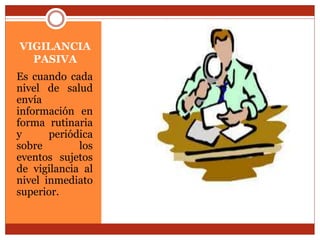 VIGILANCIA
PASIVA
Es cuando cada
nivel de salud
envía
información en
forma rutinaria
y periódica
sobre los
eventos sujetos
de vigilancia al
nivel inmediato
superior.
 