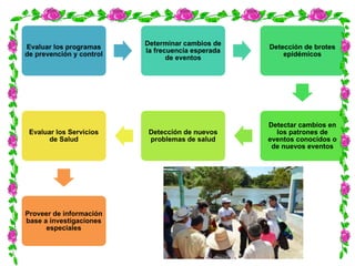 Evaluar los programas
de prevención y control
Determinar cambios de
la frecuencia esperada
de eventos
Detección de brotes
epidémicos
Detectar cambios en
los patrones de
eventos conocidos o
de nuevos eventos
Detección de nuevos
problemas de salud
Evaluar los Servicios
de Salud
Proveer de información
base a investigaciones
especiales
 